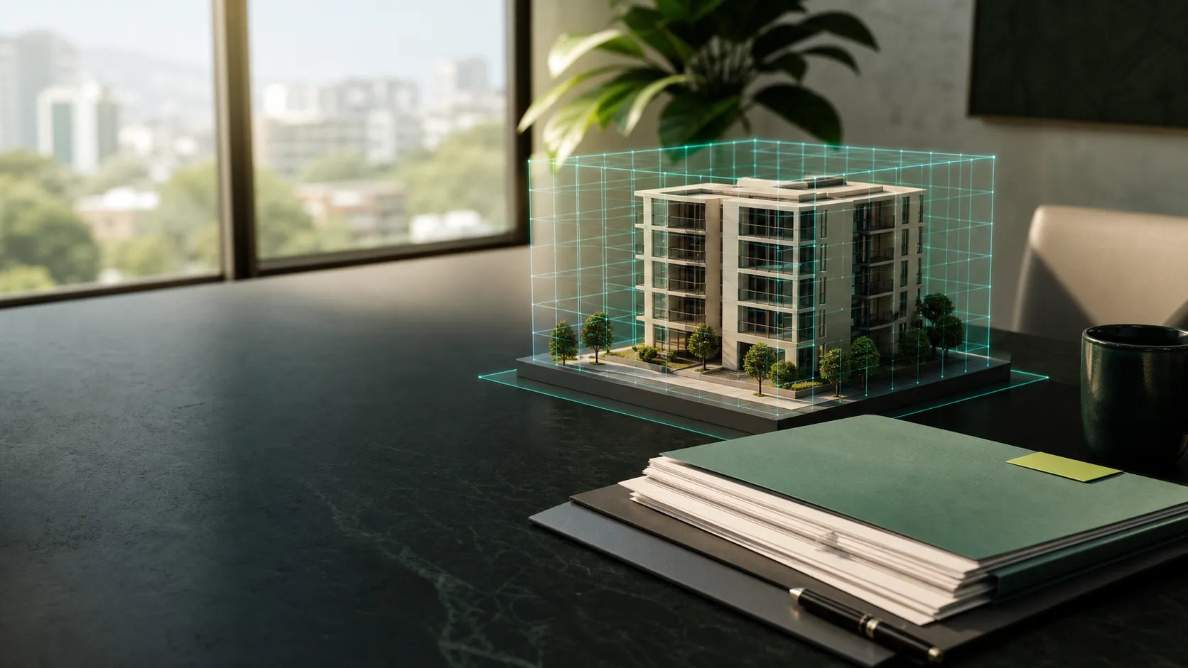 Modelo arquitectónico y panel digital que representa la tokenización de un activo inmobiliario