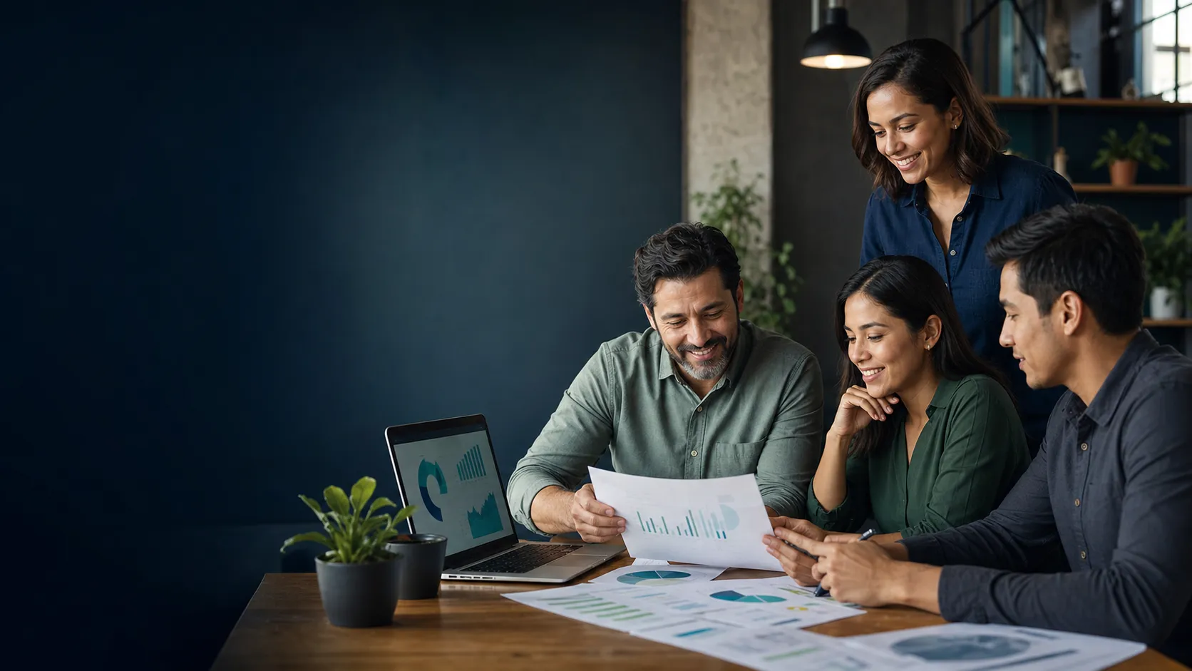 Equipo de una pequeña empresa revisando escenarios de financiamiento y flujo de caja