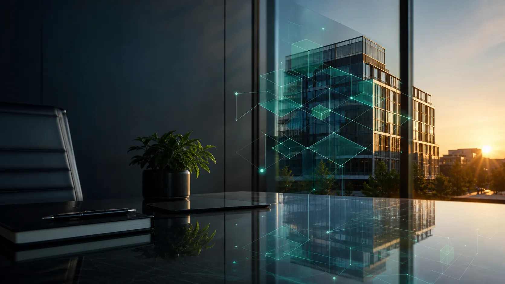 Edificio latinoamericano conectado a una representación digital de activos reales